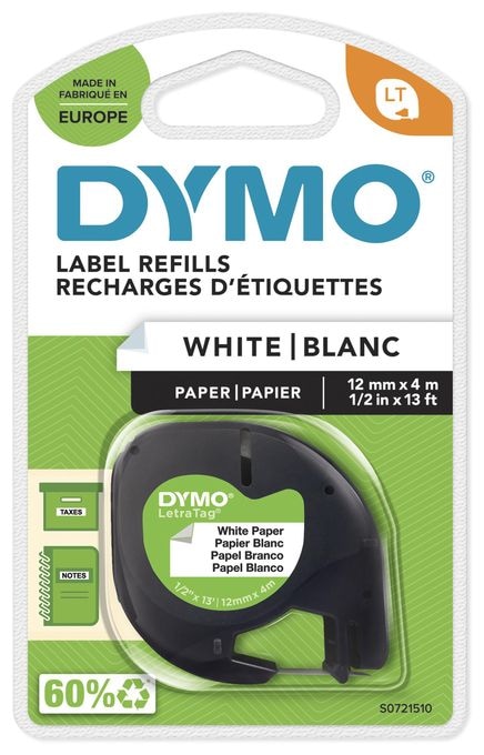 DYMO Original LetraTag Papier Etikettenband | schwarz auf weiß | 12 mm x 4 m | selbstklebendes Papier Schriftband | für LetraTag-Beschriftungsgerät 