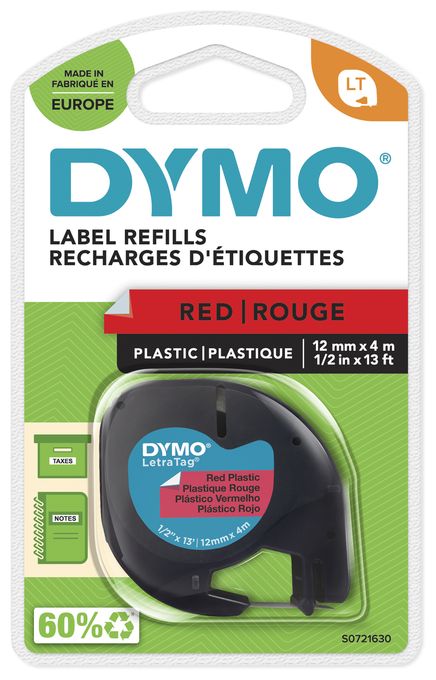 DYMO Original LetraTag Etikettenband | schwarz auf rot | 12 mm x 4 m | selbstklebendes Kunststoffetiketten | für LetraTag-Beschriftungsgerät 