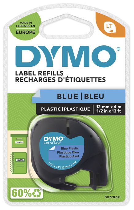 DYMO Original LetraTag Etikettenband | schwarz auf blau | 12 mm x 4 m | selbstklebendes Kunststoffetiketten | für LetraTag-Beschriftungsgerät 