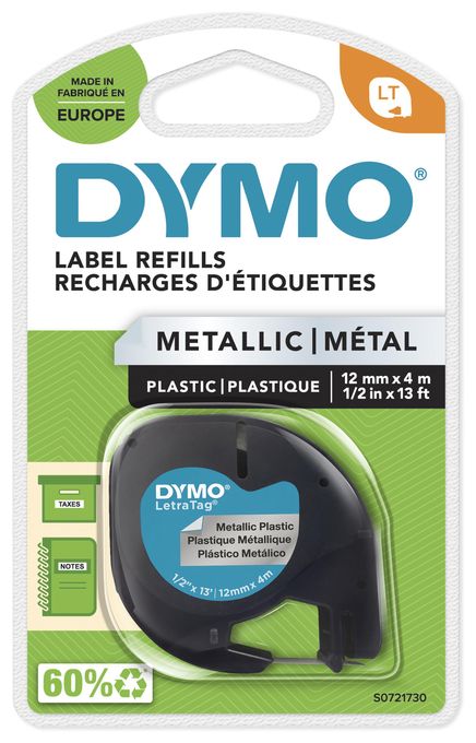 DYMO Original LetraTag Metallic Etikettenband | schwarz auf Metallic-Silber | 12 mm x 4 m | selbstklebendes Etiketten | für LetraTag-Beschriftungsgerät 