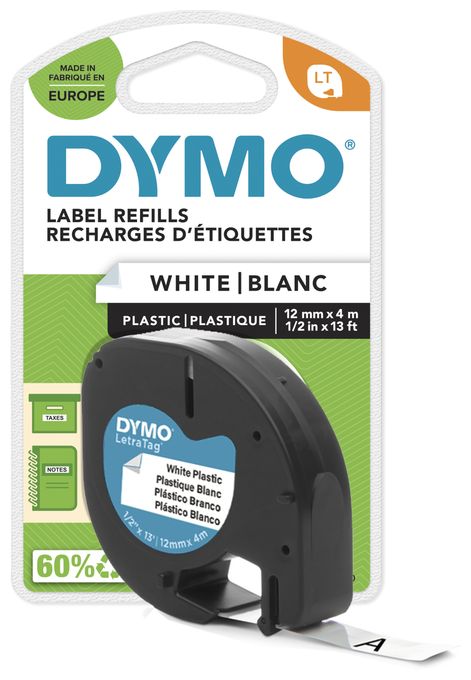 DYMO Original LetraTag Etikettenband| schwarz auf weiß | 12 mm x 4 m | selbstklebendes Kunststoff Schriftband | für LetraTag-Beschriftungsgerät 