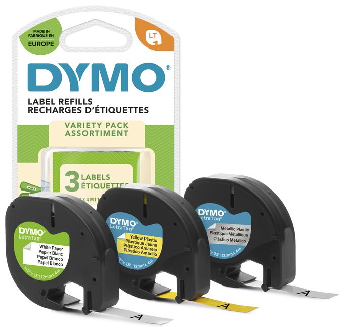 DYMO Original LetraTag Etikettenband | Papier/Kunststoff/Metall | 12 mm x 4 m | selbstklebendes Etiketten | für LetraTag-Beschriftungsgerät | 3 Etikettenkassetten 