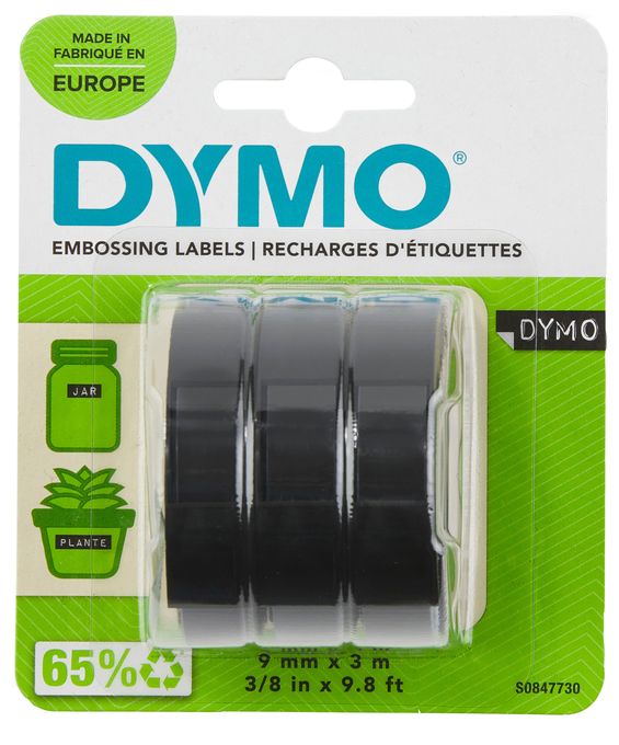 DYMO Original Prägeband | 3D weiß auf schwarz | 9 mm x 3 m | selbstklebendes Kunststoff Etikettenband | für Junior & Omega Beschriftungsgerät | 3 Prägebänder 