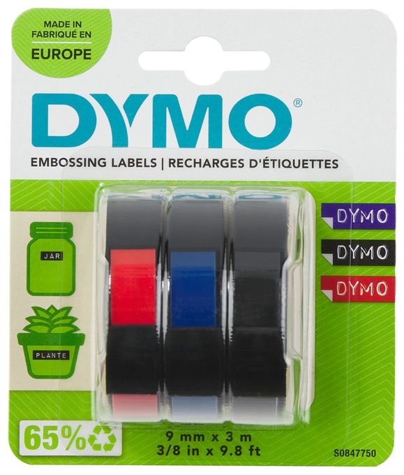 DYMO Original Prägeband | 3D schwarz | blaurot und schwarz | 9 mm x 3 m | selbstklebendes Kunststoff Etikettenband | für Junior & Omega Beschriftungsgerät | 3 Stück 