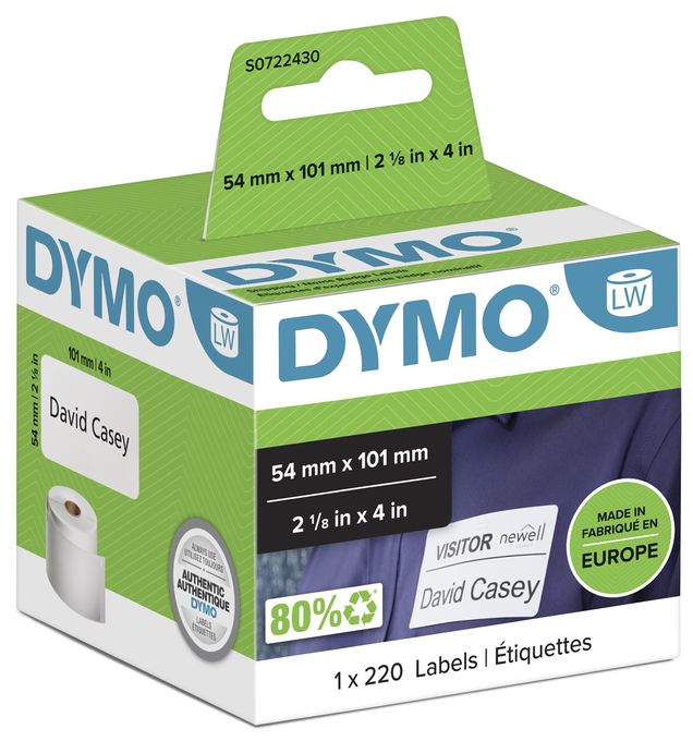 DYMO Orignal LabelWriter Versandetiketten/-Namensschilder (Groß) | 54 mm x 101 mm | Rolle mit 220 leicht ablösbaren Etiketten | selbstklebend | für LabelWriter Etikettendrucker & Beschriftungsgerät 