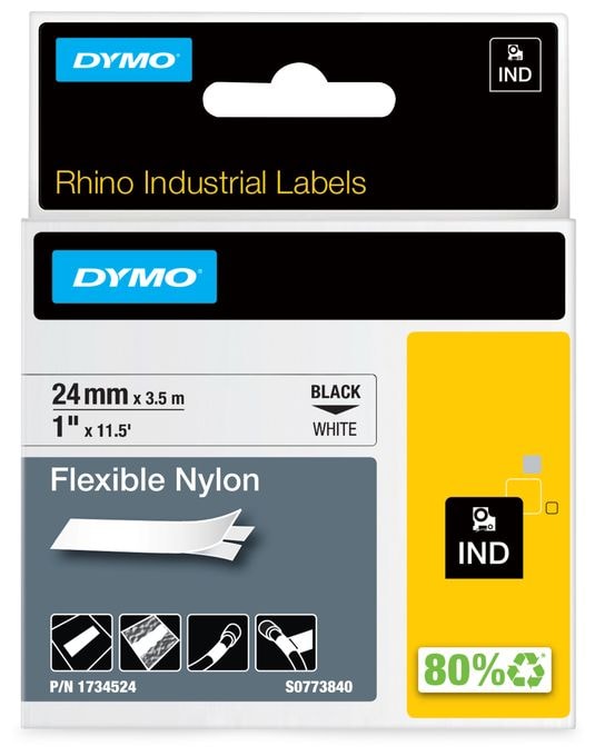 DYMO Rhino Industrie Nylonetiketten | flexibel | 24 mm x 3,5 m | schwarze Schrift auf weißem Untergrund | selbstklebendes Schriftband 