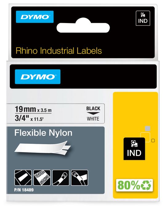 DYMO Rhino Industrie Nylonetiketten | flexibel | 19 mm x 3,5 m | schwarze Schrift auf weißem Untergrund | selbstklebendes Schriftband 