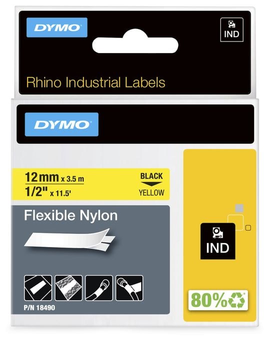 DYMO Rhino Industrie Nylonetiketten | flexibel | 12 mm x 3,5 m | schwarz auf gelbe | selbstklebendes Schriftband | fur DYMO Rhino und LabelManager Beschriftungsgerät 