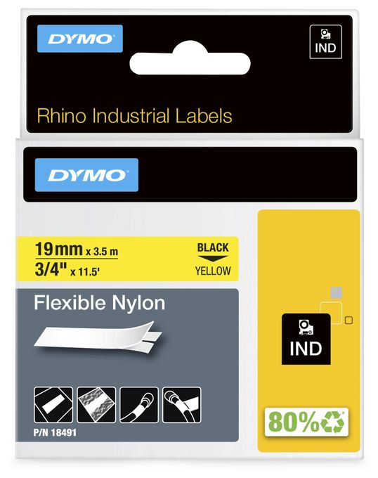 DYMO Rhino Industrie Nylonetiketten | flexibel | 19 mm x 3,5 m | schwarz auf gelb | selbstklebendes Schriftband | für DYMO Rhino und LabelManager Beschriftungsgerät 