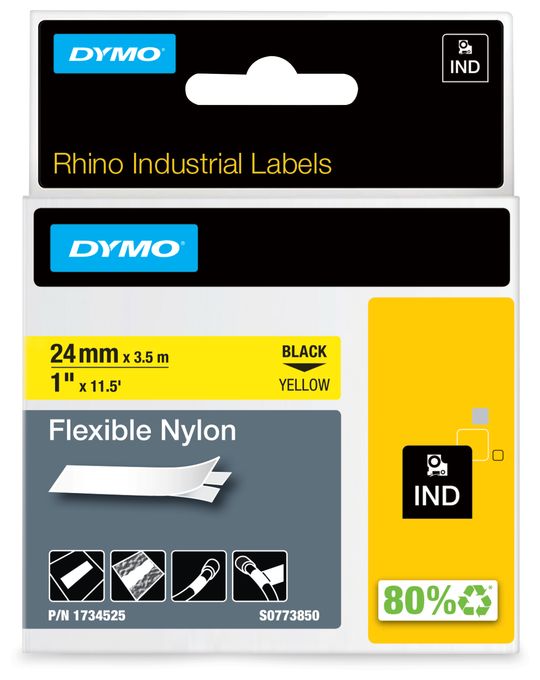 DYMO Rhino Industrie Nylonetiketten | flexibel | 24 mm x 3,5 m | schwarz auf gelbe | selbstklebendes Schriftband | fur DYMO Rhino und LabelManager Beschriftungsgerät 
