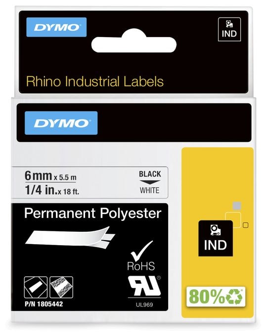 DYMO Rhino Industrie Permanente Polyesteretiketten | 6 mm x 5,5 m | Schwarz auf Weiß | selbstklebendes Schriftband | für DYMO Rhino und LabelManager Beschriftungsgerät 