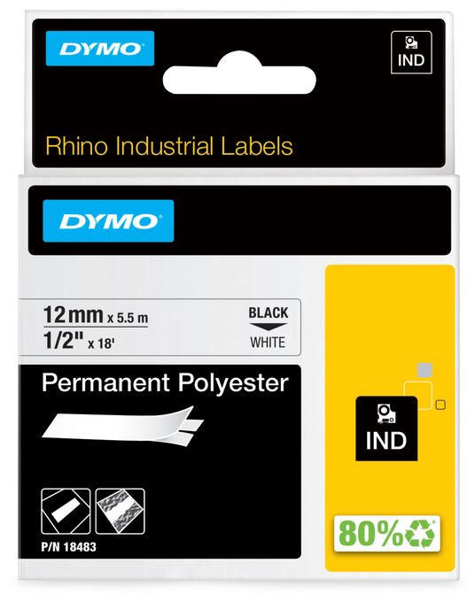 DYMO Rhino Industrie Permanente Polyesteretiketten | 12 mm x 5,5 m | Schwarz auf Weiß | selbstklebendes Schriftband | für DYMO Rhino und LabelManager Beschriftungsgerät 