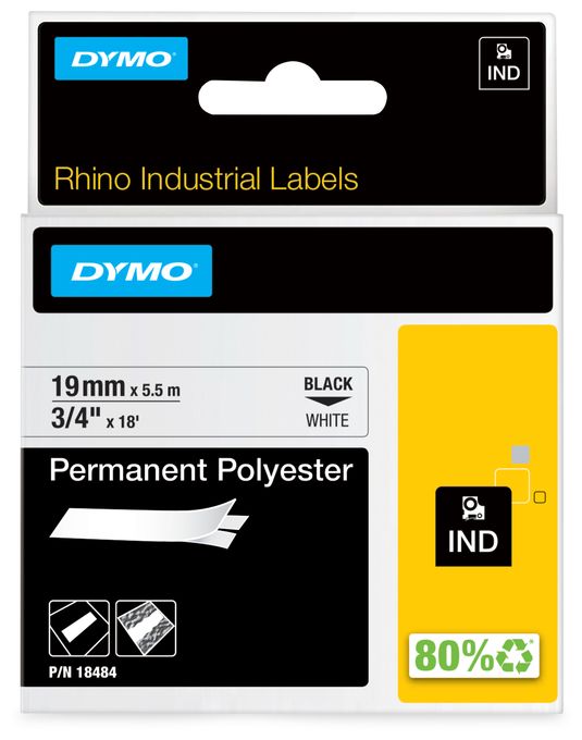 DYMO Rhino Industrie Permanente Polyesteretiketten | 19 mm x 5,5 m | Schwarz auf Weiß | selbstklebendes Schriftband | für DYMO Rhino und LabelManager Beschriftungsgerät 