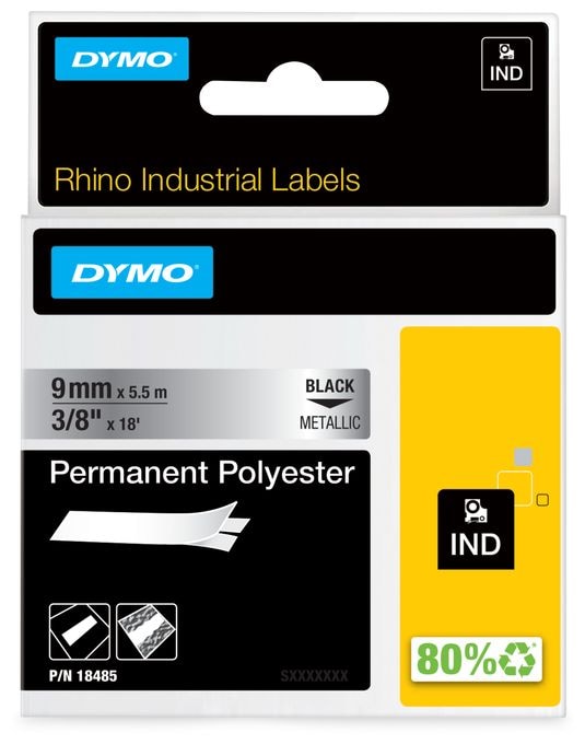 DYMO Rhino Industrie Permanente Polyesteretiketten | 9 mm x 5,5 m | Schwarz auf Metallic | selbstklebendes Schriftband | für DYMO Rhino und LabelManager Beschriftungsgerät 