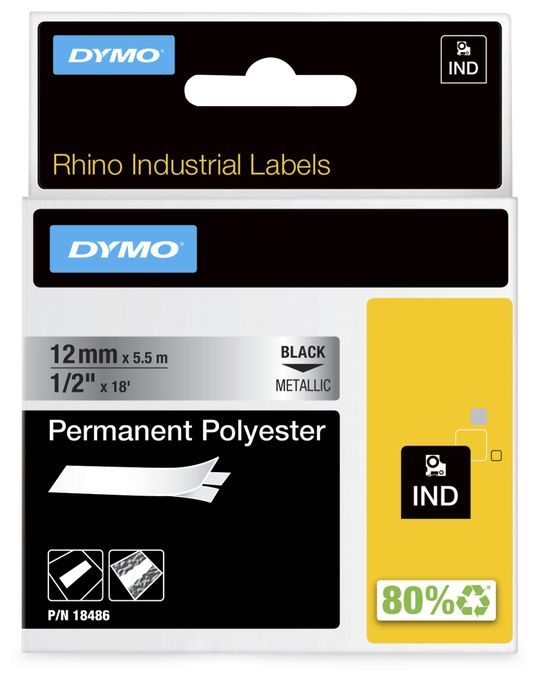 DYMO Rhino Industrie Permanente Polyesteretiketten | 12 mm x 5,5 m | Schwarz auf Metallic | selbstklebendes Schriftband | für DYMO Rhino und LabelManager Beschriftungsgerät 