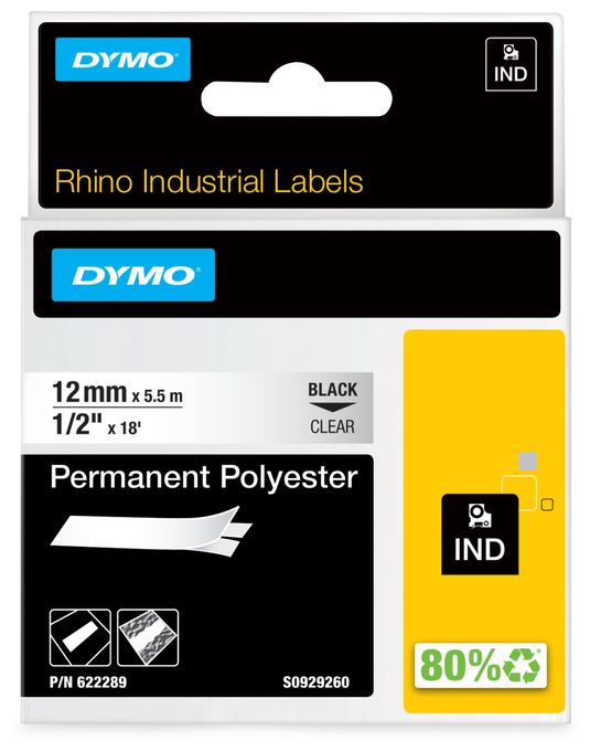 DYMO Rhino Industrie Permanente Polyesteretiketten | 12 mm x 5,5 m | Schwarz auf Transparent | selbstklebendes Schriftband | für DYMO Rhino und LabelManager Beschriftungsgerät 