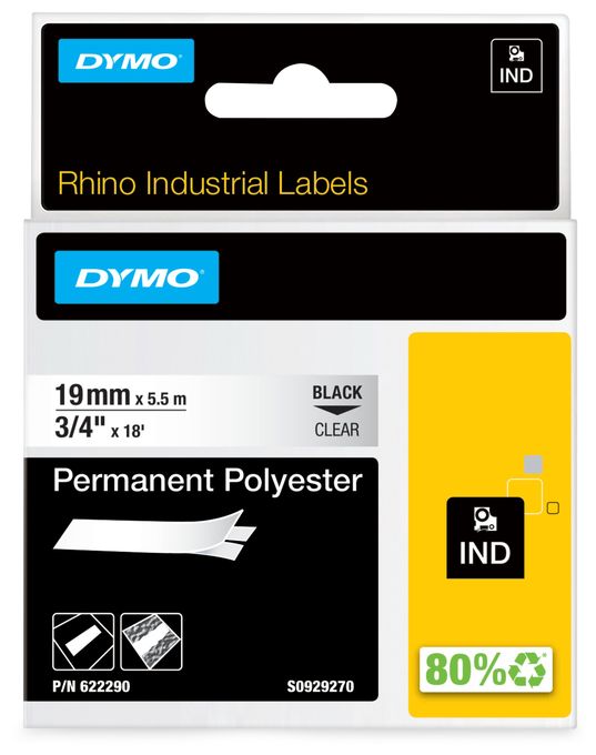 DYMO Rhino Industrie Permanente Polyesteretiketten | 19 mm x 5,5 m | Schwarz auf Transparent | selbstklebendes Schriftband | für DYMO Rhino und LabelManager Beschriftungsgerät 