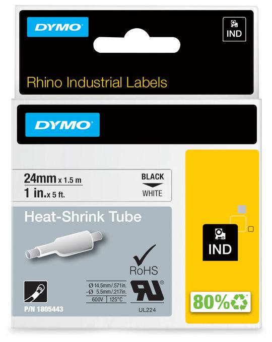 DYMO Rhino Industrie Schrumpfschlauch-Kabeletiketten | 24 mm x 1,5 m | schwarze Schrift auf weißem Untergrund | selbstklebend 