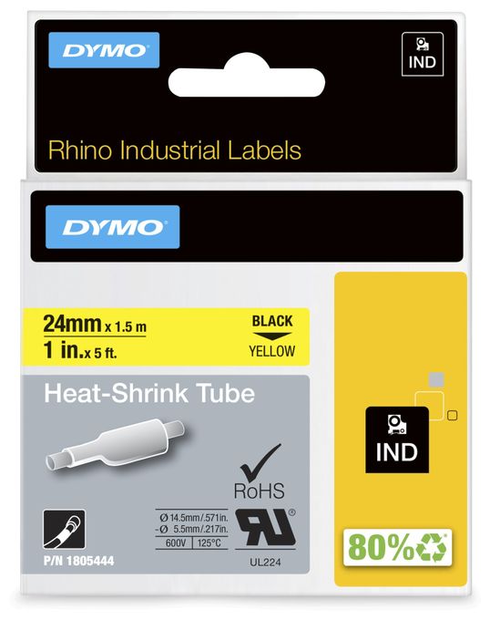 DYMO Rhino Industrie Schrumpfschlauch-Kabeletiketten | 24 mm1,5 m | Schwarz auf gelb | für DYMO Rhino Beschriftungsgerät 