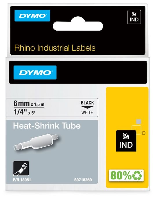 DYMO Rhino Industrie Schrumpfschlauch-Kabeletiketten | 6 mm1,5 m | Schwarz auf weiß | für DYMO Rhino Beschriftungsgerät 