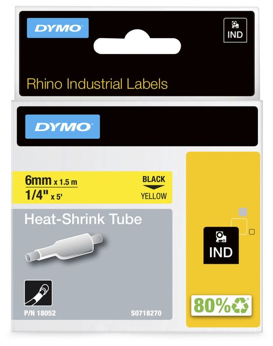 DYMO Rhino Industrie Schrumpfschlauch-Kabeletiketten | 6 mm1,5 m | Schwarz auf gelb | für DYMO Rhino Beschriftungsgerät 