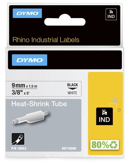 DYMO Rhino Industrie Schrumpfschlauch-Kabeletiketten | 9 mm1,5 m | Schwarz auf weiß | für DYMO Rhino Beschriftungsgerät 