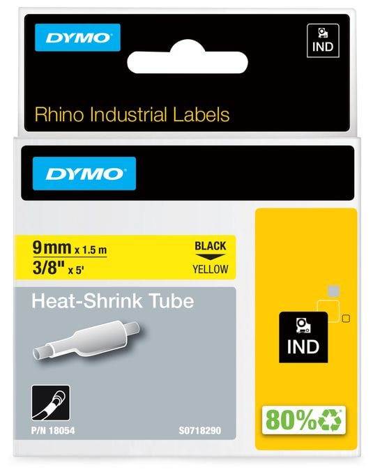 DYMO Rhino Industrie Schrumpfschlauch-Kabeletiketten | 9 mm1,5 m | Schwarz auf gelb | für DYMO Rhino Beschriftungsgerät 