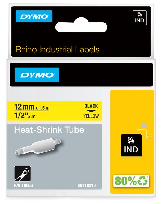 DYMO Rhino Industrie Schrumpfschlauch-Kabeletiketten | 12 mm1,5 m | Schwarz auf gelb | für DYMO Rhino Beschriftungsgerät 