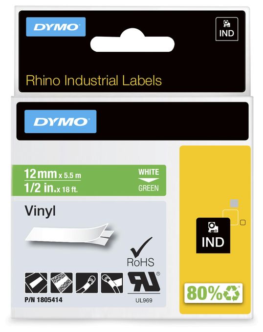 DYMO Rhino-Industrie-Vinyletiketten | 12 mm x 5,5 m | weiß auf grün | selbstklebendes Schriftband 