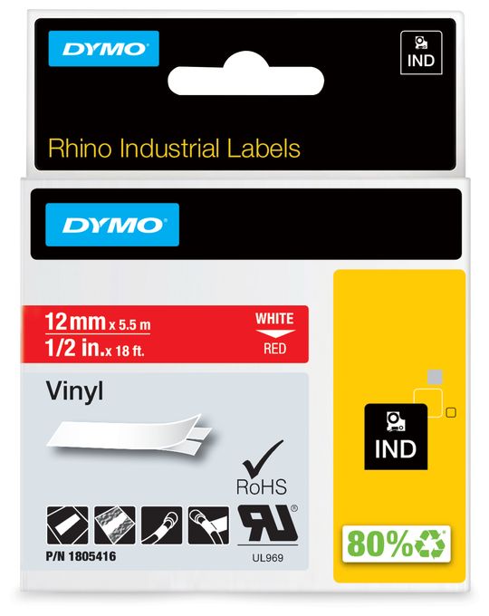 DYMO Rhino-Industrie-Vinyletiketten | 12 mm x 5,5 m | weiß auf rot | selbstklebendes Schriftband | für DYMO Rhino und LabelManager Beschriftungsgerät 