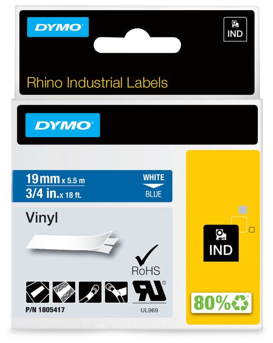 DYMO Rhino-Industrie-Vinyletiketten | 19 mm x 5,5 m | weiß auf blau | selbstklebendes Schriftband | für DYMO Rhino und LabelManager Beschriftungsgerät 
