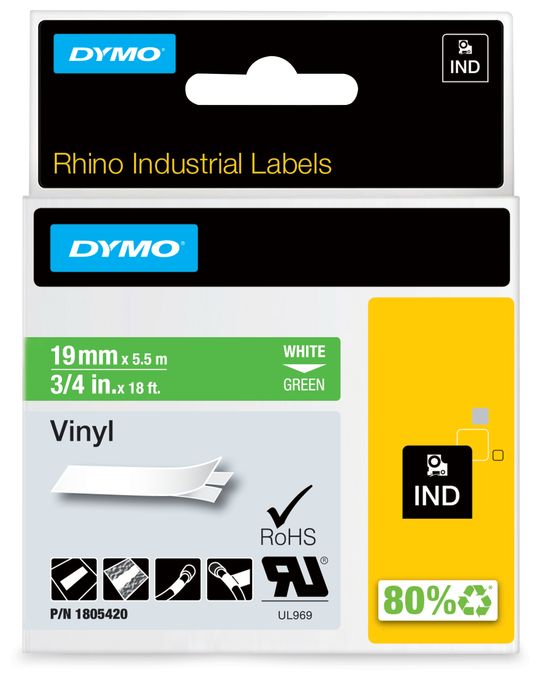 DYMO Rhino-Industrie-Vinyletiketten | 19 mm x 5,5 m | weiß auf grün | selbstklebendes Schriftband | für DYMO Rhino und LabelManager Beschriftungsgerät 