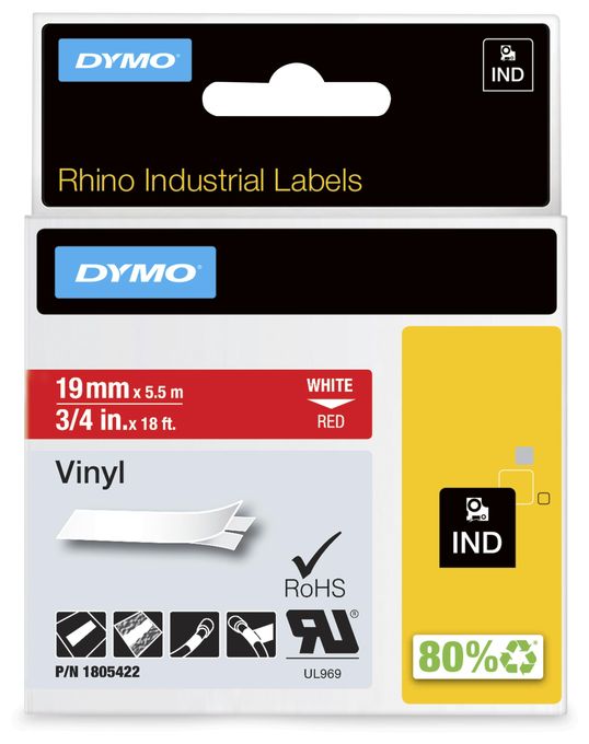 DYMO Rhino-Industrie-Vinyletiketten | 19 mm x 5,5 m | weiß auf rot | selbstklebendes Schriftband | für DYMO Rhino und LabelManager Beschriftungsgerät 