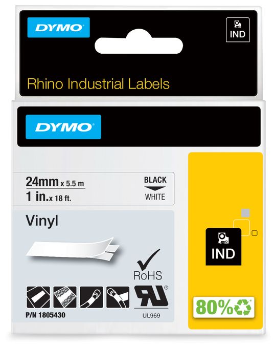 DYMO Rhino-Industrie-Vinyletiketten | 24 mm x 5,5 m | schwarzer Druck auf weißem Untergrund | selbstklebendes Schriftband 