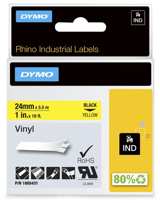 DYMO Rhino-Industrie-Vinyletiketten | 24 mm x 5,5 m | schwarz auf gelb | selbstklebendes Schriftband | für DYMO Rhino und LabelManager Beschriftungsgerät 