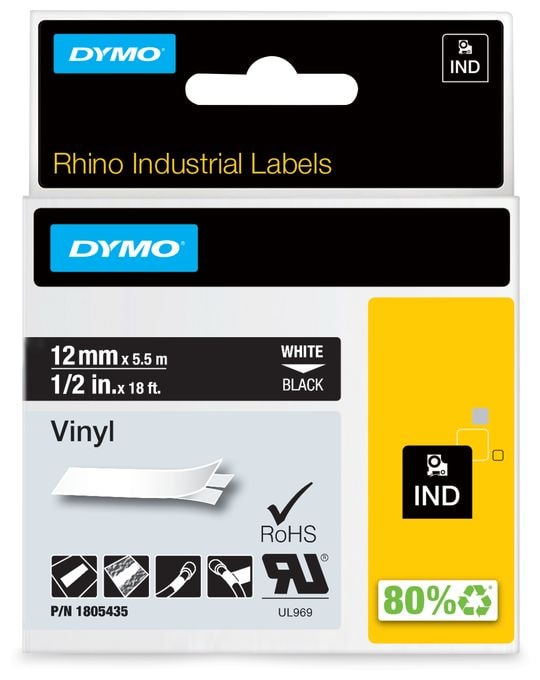 DYMO Rhino-Industrie-Vinyletiketten | 12 mm x 5,5 m | weiß auf schwarz | selbstklebendes Schriftband | für DYMO Rhino und LabelManager Beschriftungsgerät 