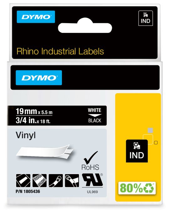 DYMO Rhino-Industrie-Vinyletiketten | 19 mm x 5,5 m | weiß auf schwarz | selbstklebendes Schriftband | für DYMO Rhino und LabelManager Beschriftungsgerät 