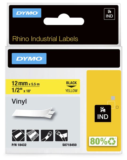DYMO Rhino-Industrie-Vinyletiketten | 12 mm x 5,5 m | schwarz auf gelb | selbstklebend | für DYMO Rhino und LabelManager Beschriftungsgerät 