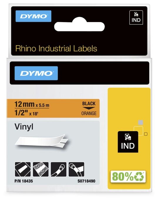 DYMO Rhino-Industrie-Vinyletiketten | 12 mm x 5,5 m | schwarz auf orange | selbstklebendes Schriftband | für DYMO Rhino und LabelManager Beschriftungsgerät 