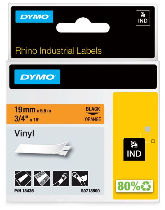 DYMO Rhino-Industrie-Vinyletiketten | 19 mm x 5,5 m | schwarz auf orange | selbstklebendes Schriftband | für DYMO Rhino und LabelManager Beschriftungsgerät 