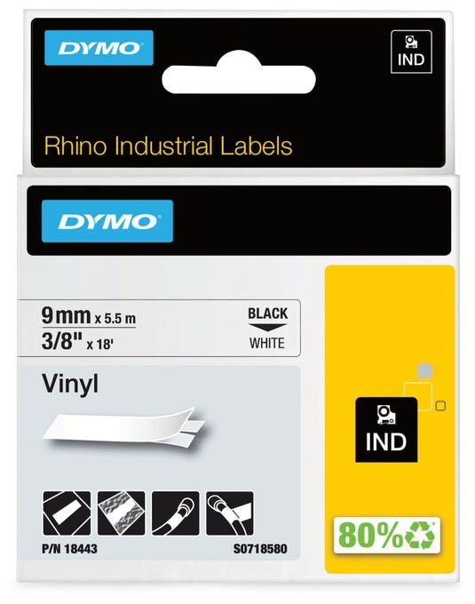 DYMO Rhino-Industrie-Vinyletiketten | 9 mm x 5,5 m | schwarz auf weiß | selbstklebendes Schriftband | für DYMO Rhino und LabelManager Beschriftungsgerät 