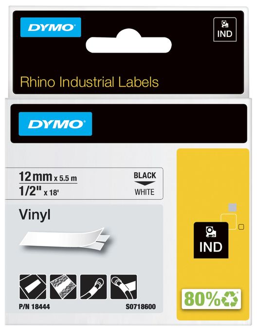 DYMO Rhino-Industrie-Vinyletiketten | 12 mm x 5,5 m | schwarz auf weiß | selbstklebendes Schriftband | für DYMO Rhino und LabelManager Beschriftungsgerät 