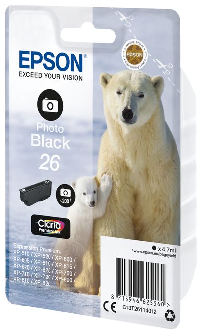 originale Druckerpatronen Foto schwarz 4,7 ml 200 Seiten 26 C13T26114012 