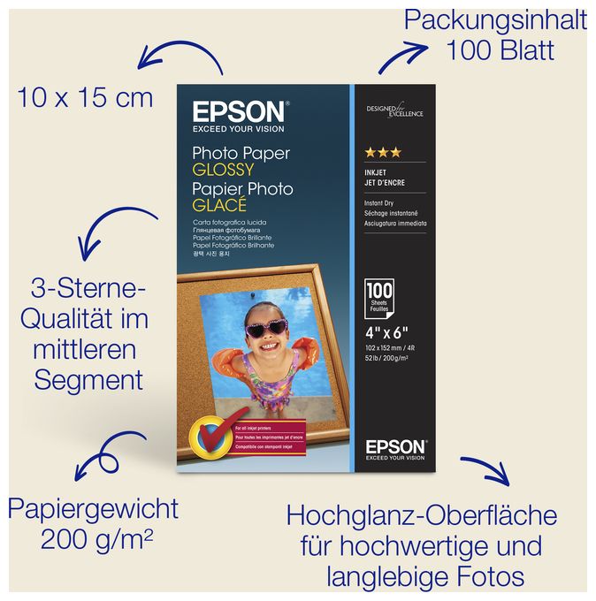 Epson Glossy Photo Paper (100 x 150 mm), 200 g/m2, 100 Blatt 