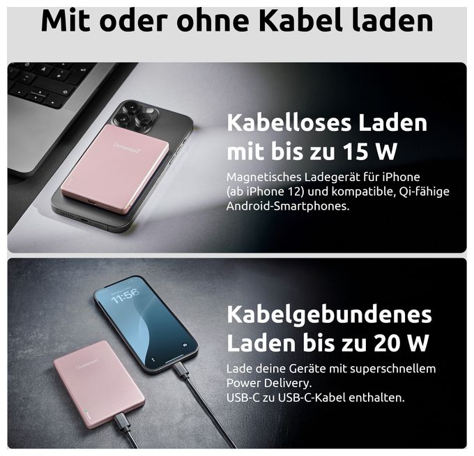 MW5000 Magnetische Powerbank 5000 mAh – MagSafe kompatibel, Wireless Charging 15W, USB-C PD 20W, Flach & Kompakt – Geprüft in Deutschland – Rosé 