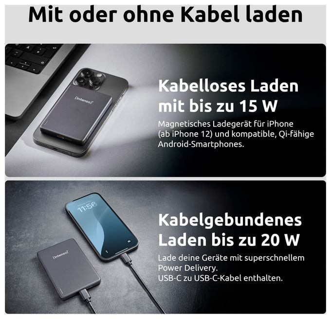 MW5000 Magnetische Powerbank 5000 mAh – MagSafe kompatibel, Wireless Charging 15W, USB-C PD 20W, Flach & Kompakt – Geprüft in Deutschland – Grau 