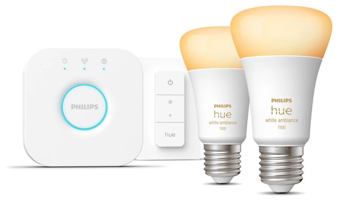 LED Set für intelligente Beleuchtung 1100 mm Warmweiß, Kaltweiße Hue White Ambience Starterset: E27 Lampe A60 Doppelpack + Dimmschalter 