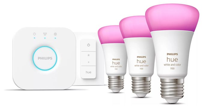 LED Set für intelligente Beleuchtung Hue White and Color Ambiance Starterset 3xE27 + Bridge + 1 Dimmschalter 