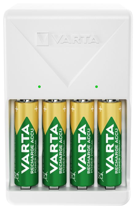 Akku Ladegerät, inkl. 4X AA 2100mAh, Batterieladegerät für wiederaufladbare Batterien, lädt 2 oder 4 AA/AAA gleichzeitig, Plug Charger, weiß 