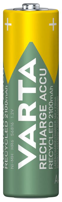 Recharge Accu Recycled AA 2100 mAh 4er-Pack (vorbeladener NiMH-Akku, Mignon, 25 % recyceltes Material, wiederaufladbarer Akku, sofort einsatzbereit) 